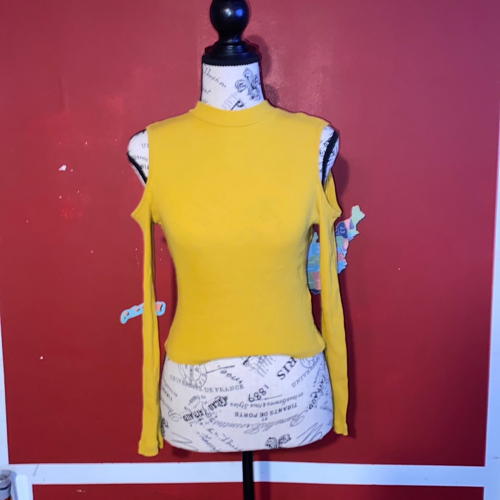 Mustard colored long sleeve  top semi turtleneck around the neck